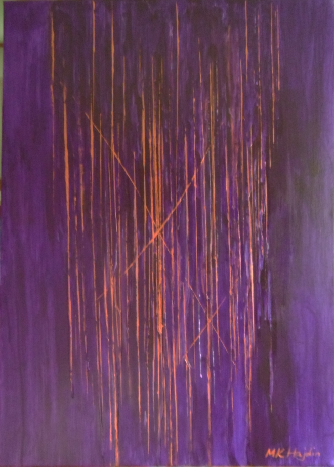 Abstract painting featuring purple and copper by M.K. Hajdin